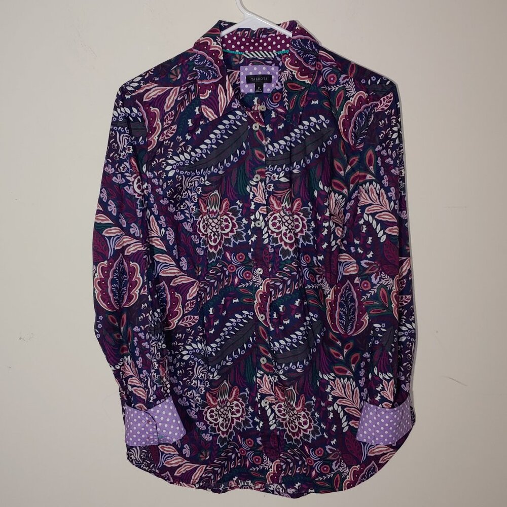 Talbots Modern Classic Button Down Shirt Paisley Botanical Purple Size M